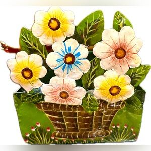 Antique Hand Painted French Folk Art Metal Tole Painted Planter Jardiniere Bin